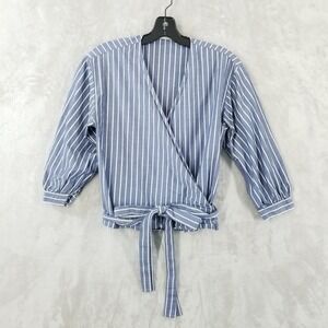 Everlane Wrap Blouse Women 4 Blue Striped V-Neck Cotton 3/4 Sleeves Old Money